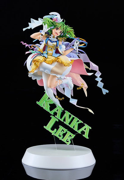 Vibrant Ranka Lee anime figurine showcasing her green hair and standing on a clear base with her name in green text
