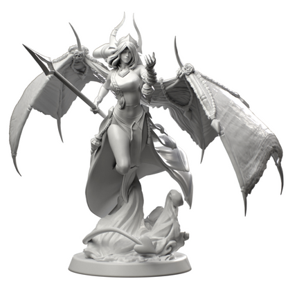A gray 3D render of a winged, horned female miniature holding a spear, with one hand raised