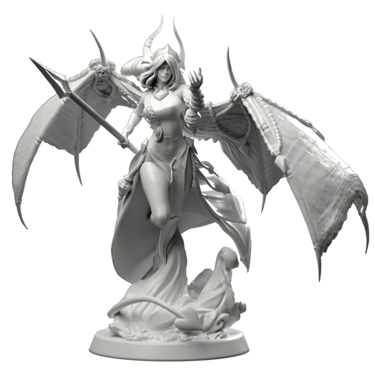 A gray 3D render of a winged, horned female miniature holding a spear, with one hand raised