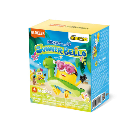 Minions "Summer BELLO" building block box, Art features a Minion on a green dinosaur inflatable floatie
