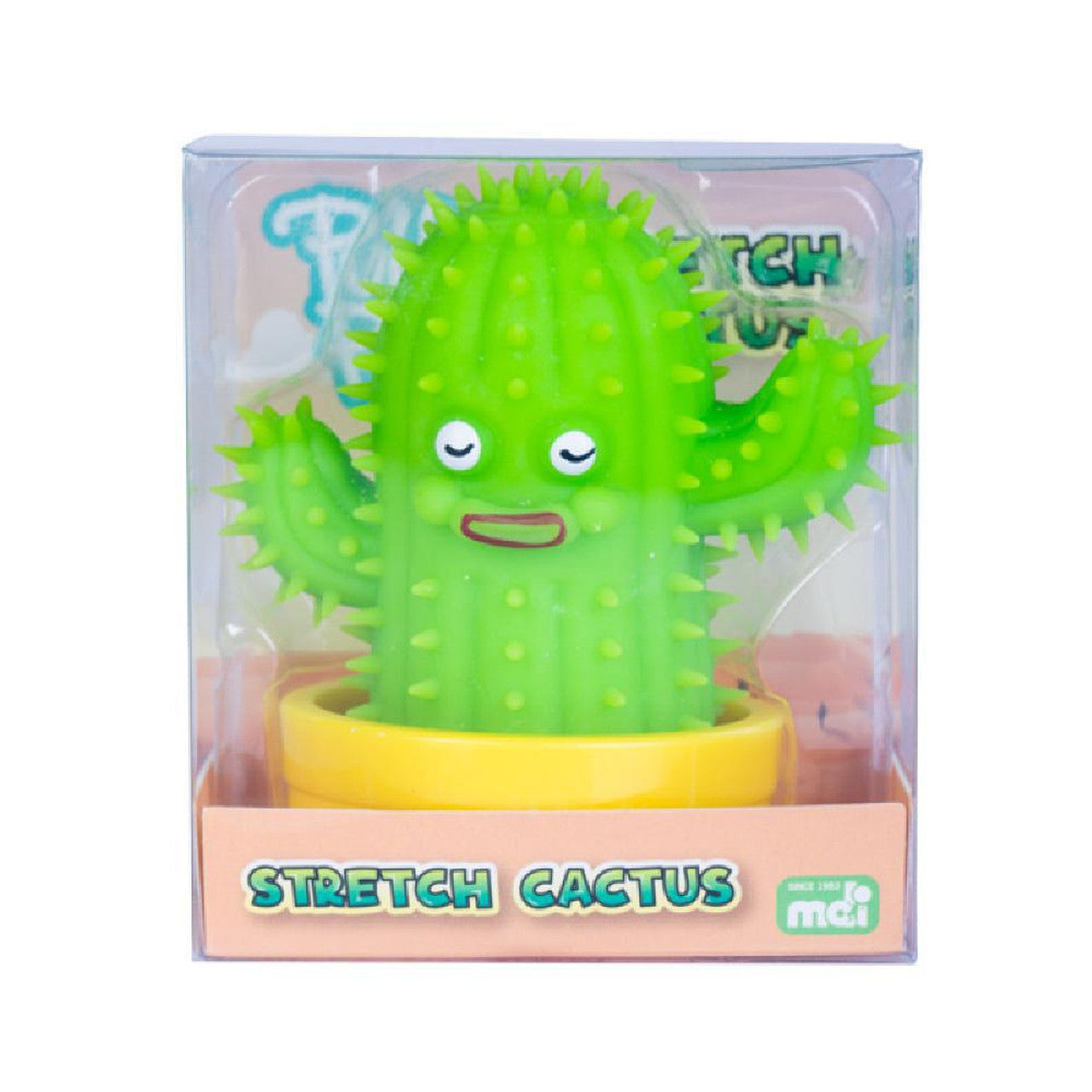 Green, cartoon rubber stretch cactus toy in a yellow pot, packaged in a clear box