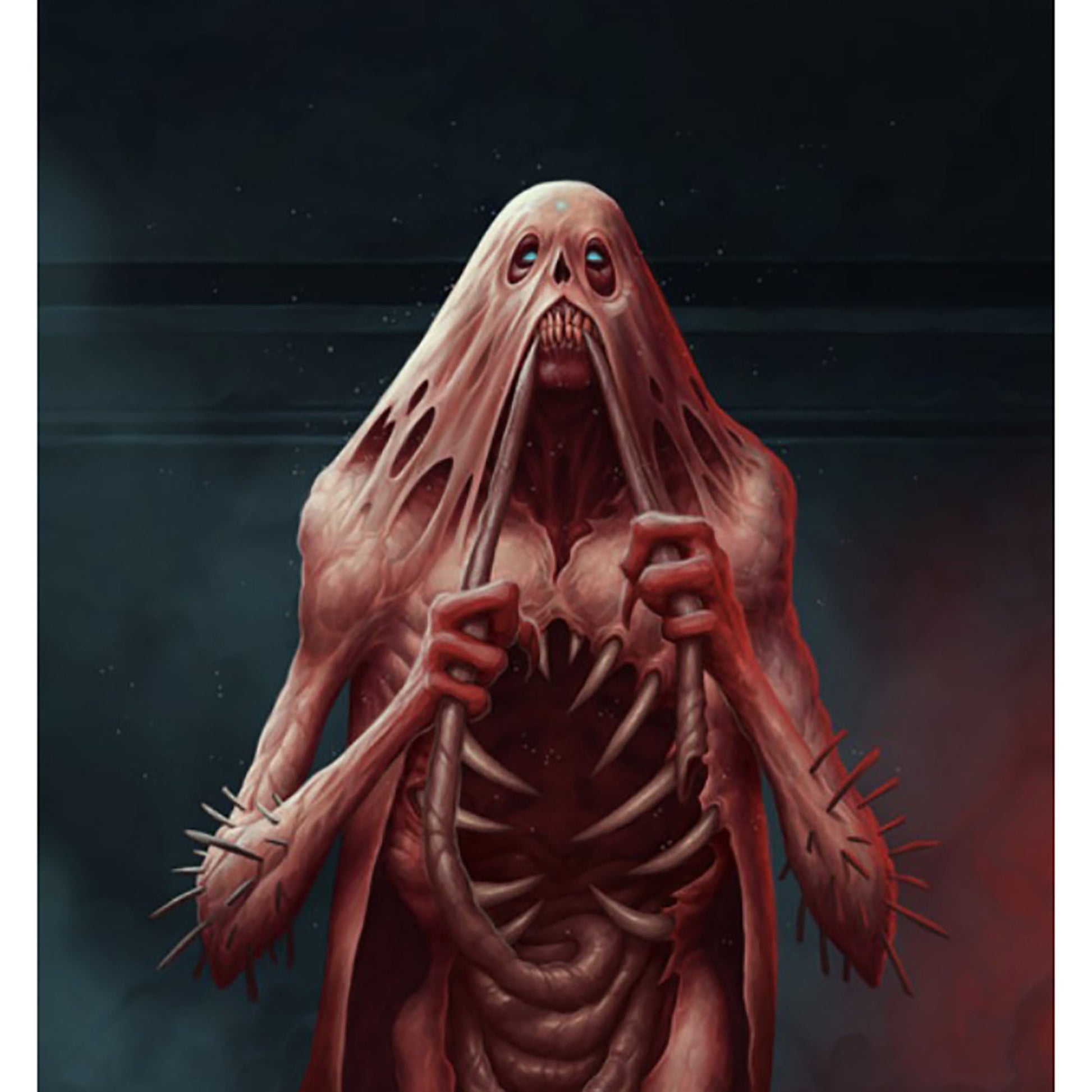 A grotesque monster with a fleshy cowl, skull-like face, glowing blue eyes, exposed ribcage and guts, gripping two dark rods