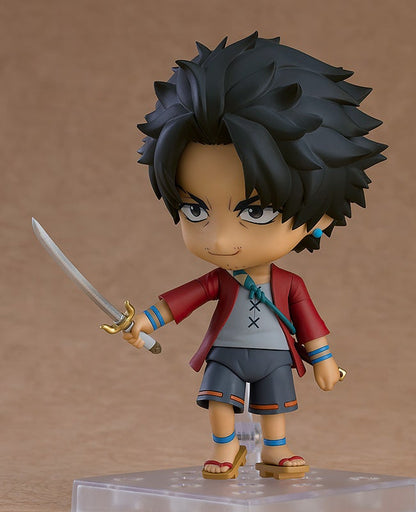 Nendoroid anime figure of a young man in a red jacket holding a sword
