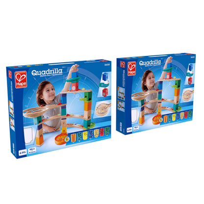 Two Hape Quadrilla Marble Run toy boxes showing a child playing with the colorful wooden construction set