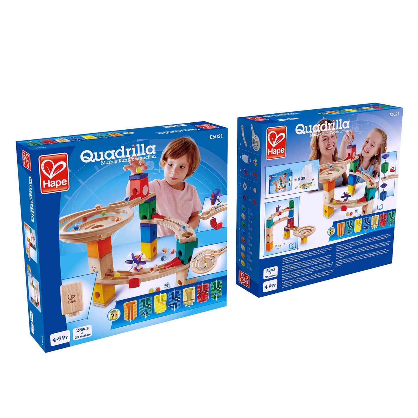 Two boxes of the Hape Quadrilla wooden marble run toy, showing the colorful block structure and children playing