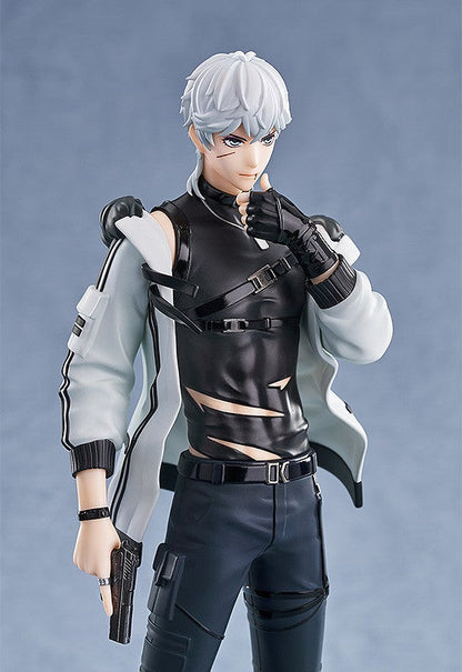 Action figure of a young man with white hair in a black and white tactical outfit holding a pistol