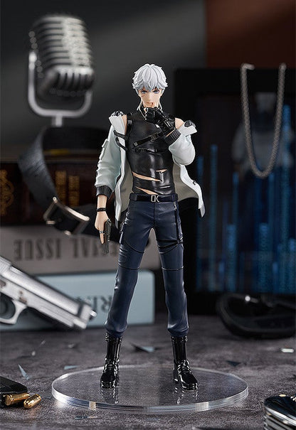 Anime figurine of a cool man with white hair wearing a black ripped tank top and white jacket holding a pistol