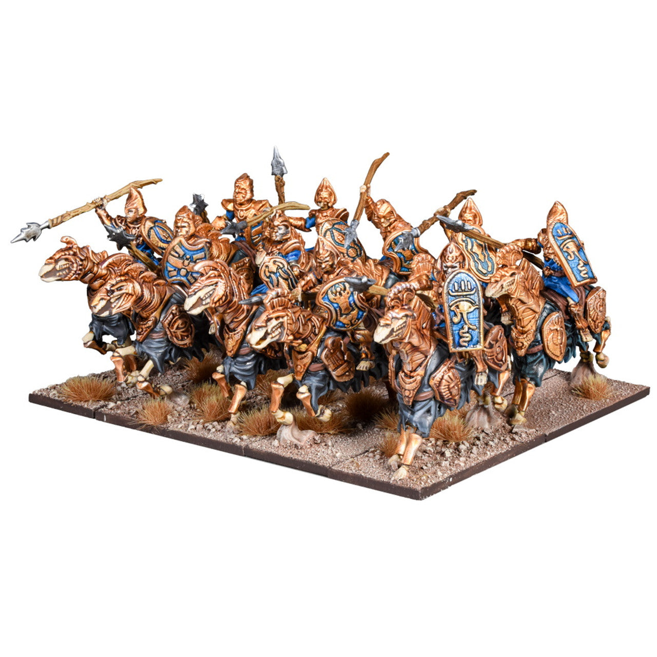 A unit of miniature bronze and blue armored warriors riding skeletal mounts, armed with spears and bows
