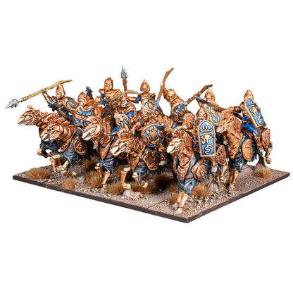 A unit of miniature bronze and blue armored warriors riding skeletal mounts, armed with spears and bows