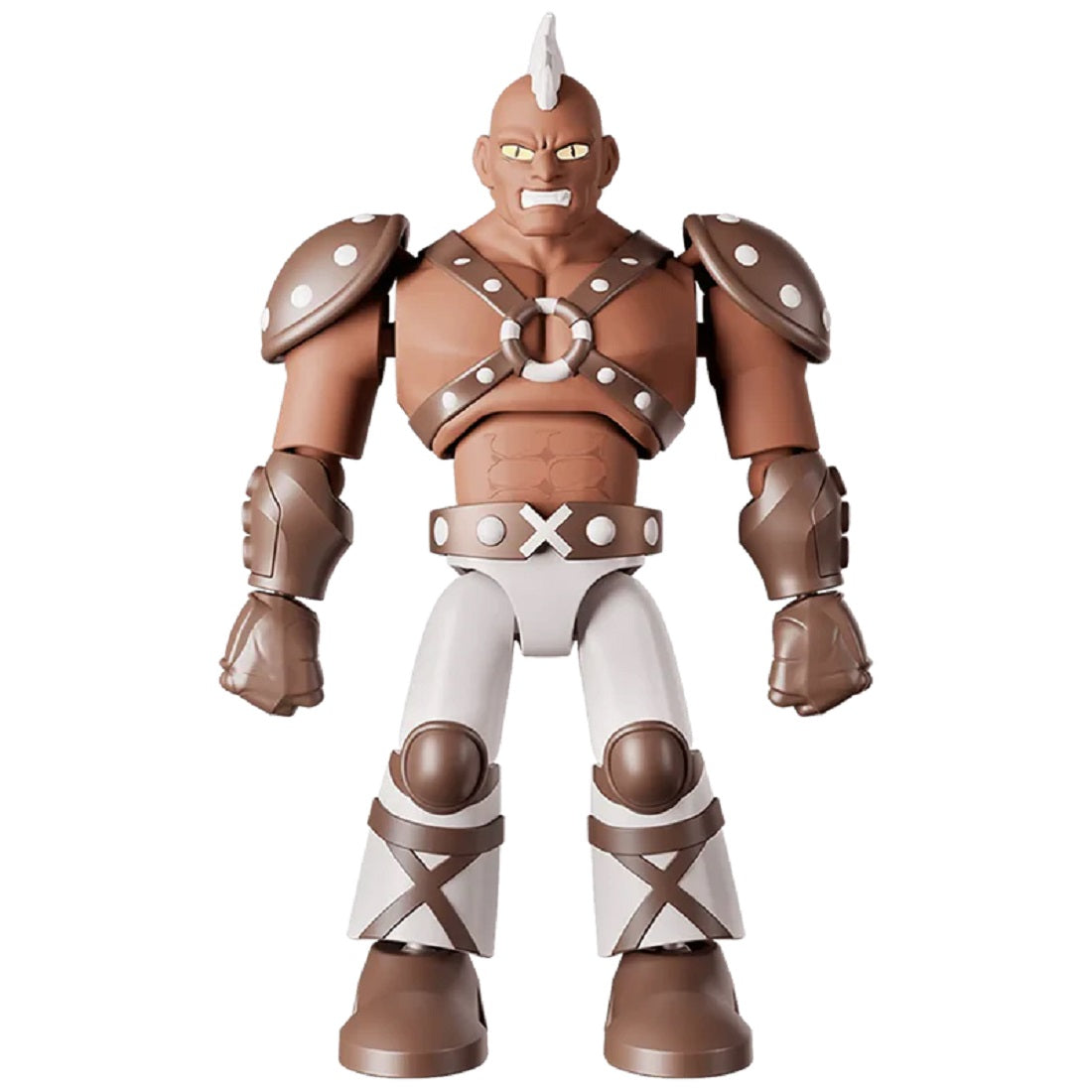 Muscular action figure with a white mohawk, brown harness armor, and white pants