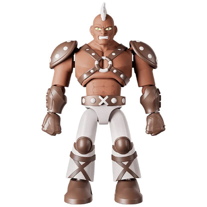 Muscular action figure with a white mohawk, brown harness armor, and white pants