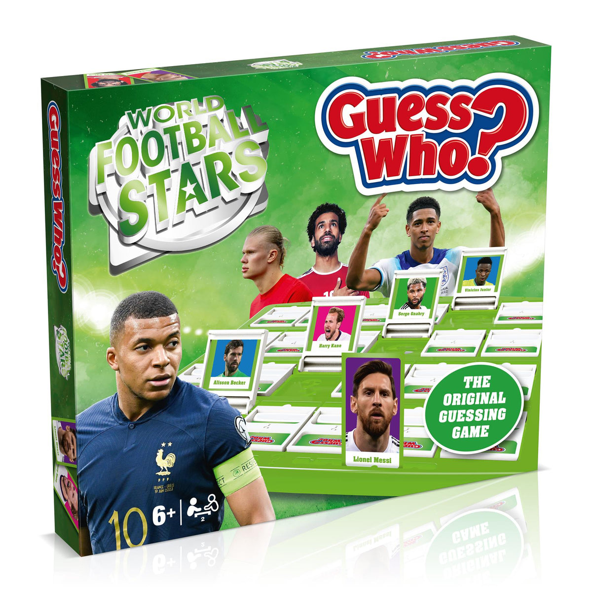 Guess Who World Football Stars green guessing game board packaging box featuring popular soccer players