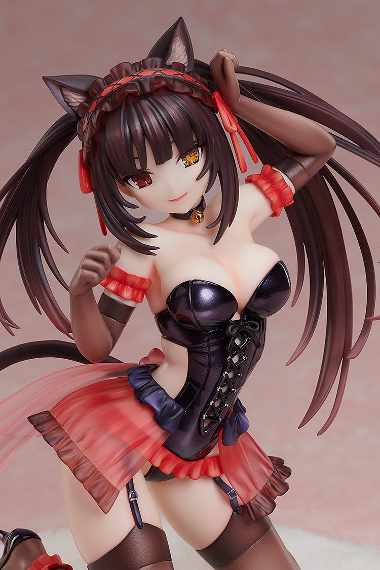 Smiling anime cat girl figure with dark twin tails, heterochromia, black corset, red skirt, garter straps, and playful 'paws'