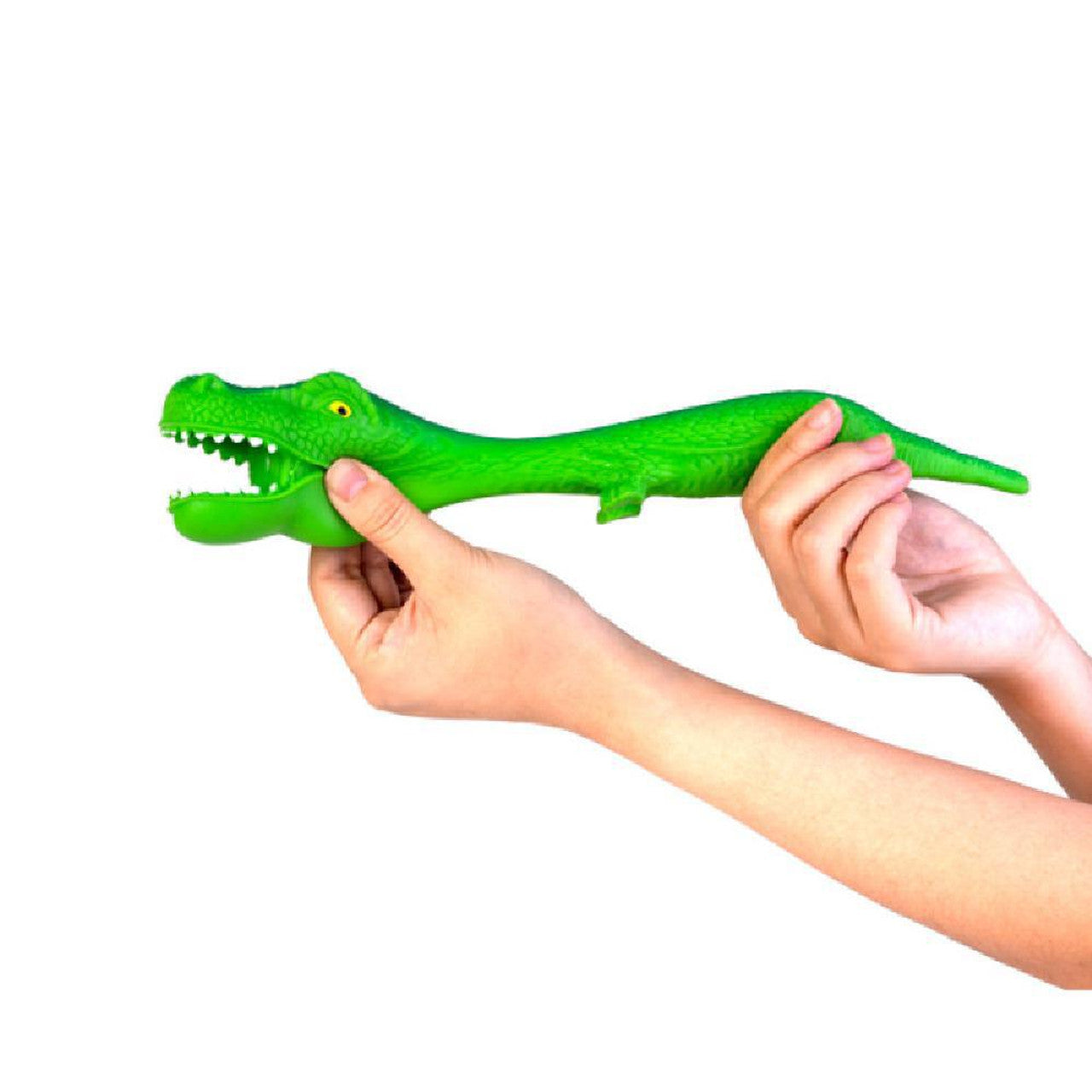 Hands holding a green, open-mouthed crocodile toy on a white background