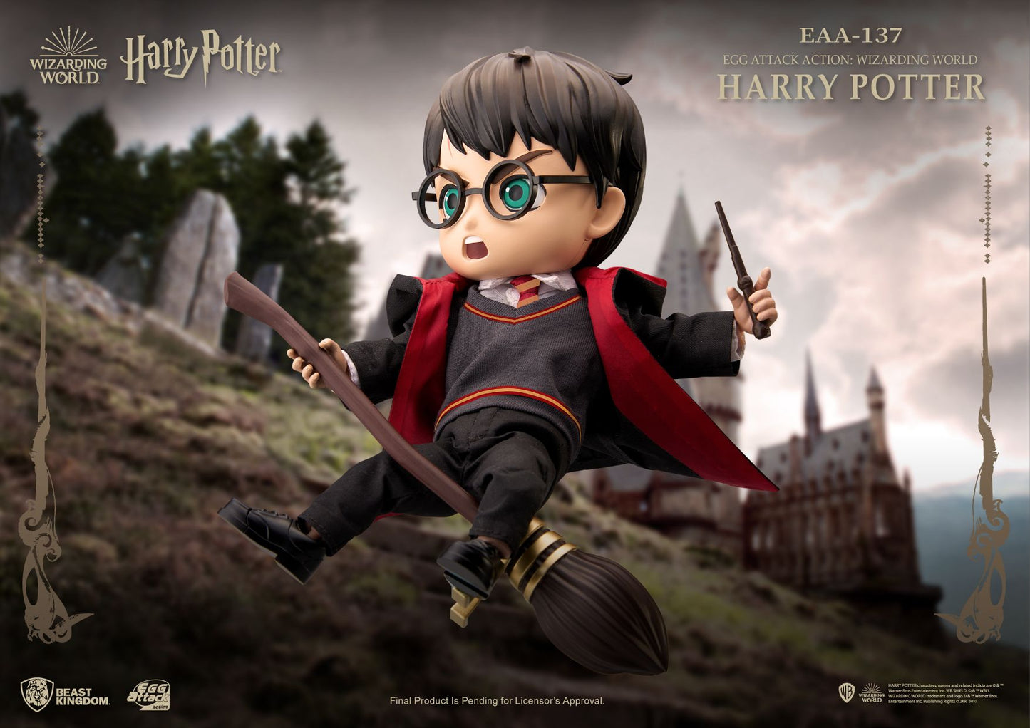 Harry Potter Egg Attack figure on a broom wearing Hogwarts uniform holding a wand flying above Hogwarts