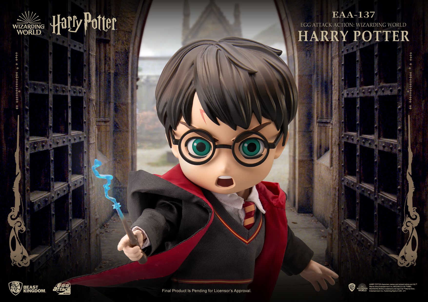 Egg Attack Action Wizarding World Harry Potter figure with magic wand and cloak standing in a castle entryway