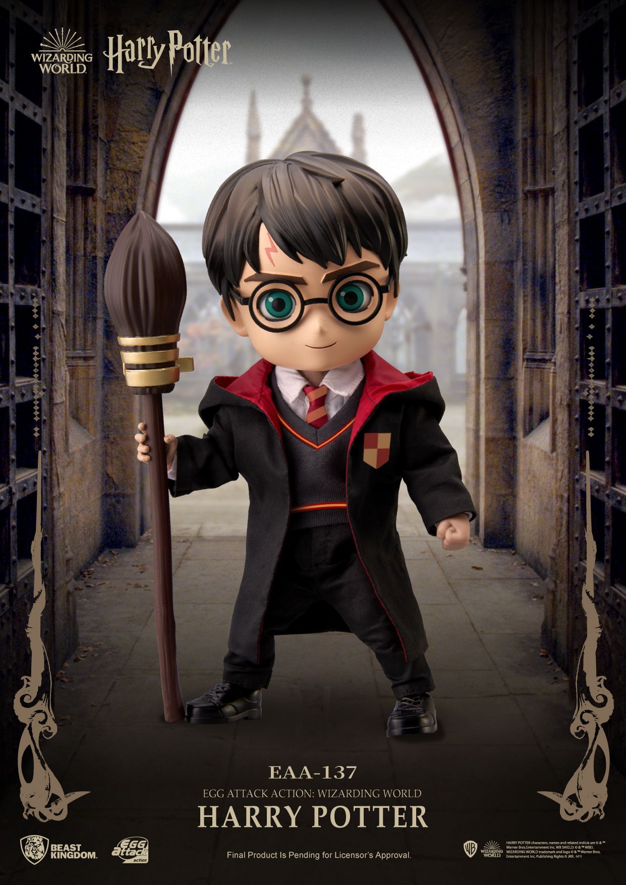 Egg Attack Action Wizarding World Harry Potter figure holding a broomstick wearing Hogwarts uniform