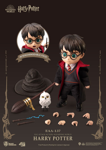 Egg Attack Action Wizarding World Harry Potter action figure with multiple interchangeable hands spell effect broomstick sorting hat and Hedwig owl figure