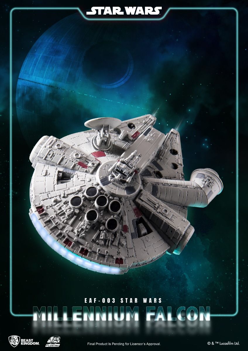 Star Wars Millennium Falcon model floating above a distant Death Star