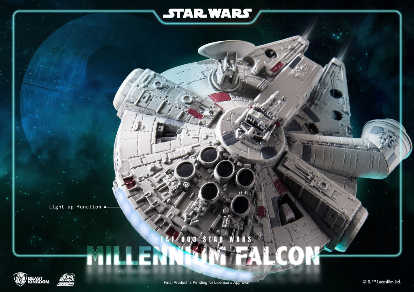 Star Wars Millennium Falcon model with light-up function in space above a blue Death Star