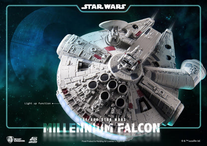 Star Wars Millennium Falcon model with light-up function in space above a blue Death Star