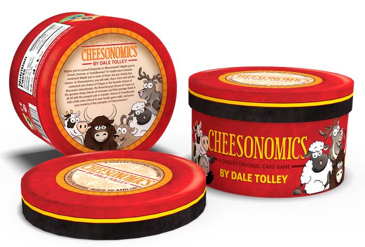 Cheesonomics card game in red round boxes featuring cartoon cows sheep and goats