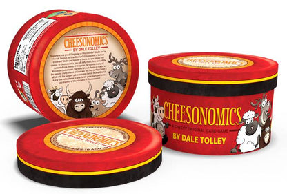 Cheesonomics card game in red round boxes featuring cartoon cows sheep and goats