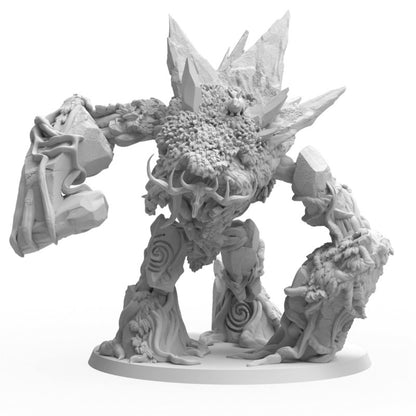 Grey miniature of a nature golem crafted from rocks, roots, foliage, and sharp crystals, standing on a round base.