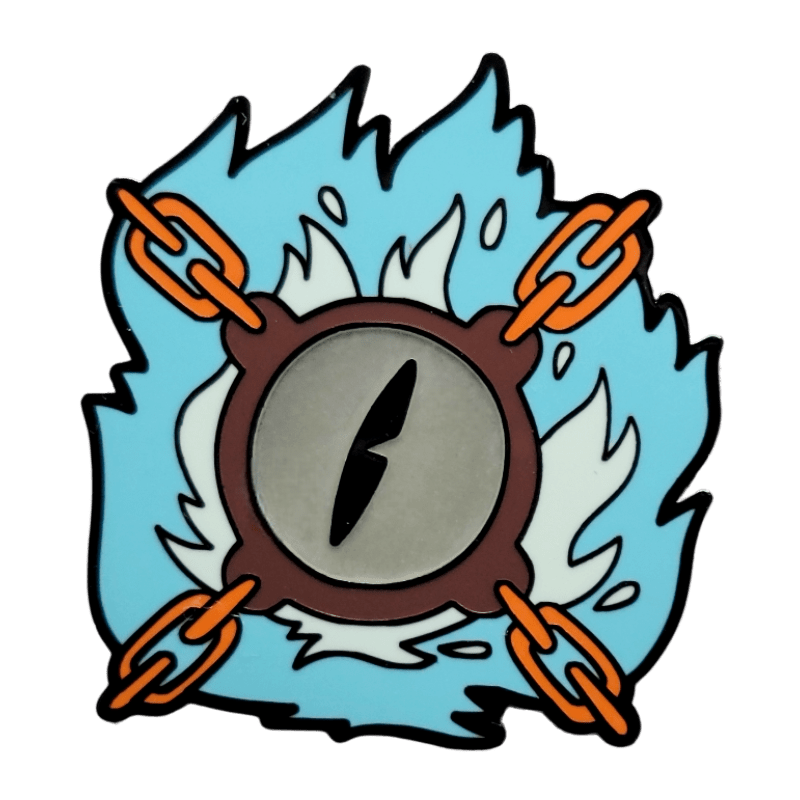 Blue flaming eyeball pin with orange chains