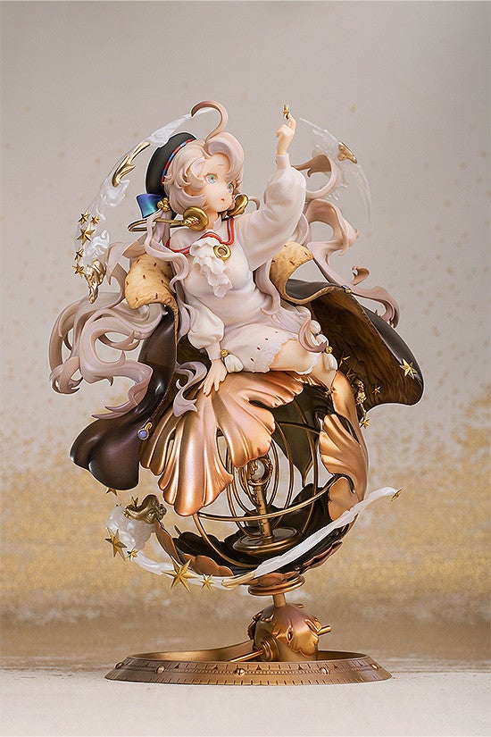 A 1/7 scale figure of a female character with light hair and intricate armor, holding a glowing time compass