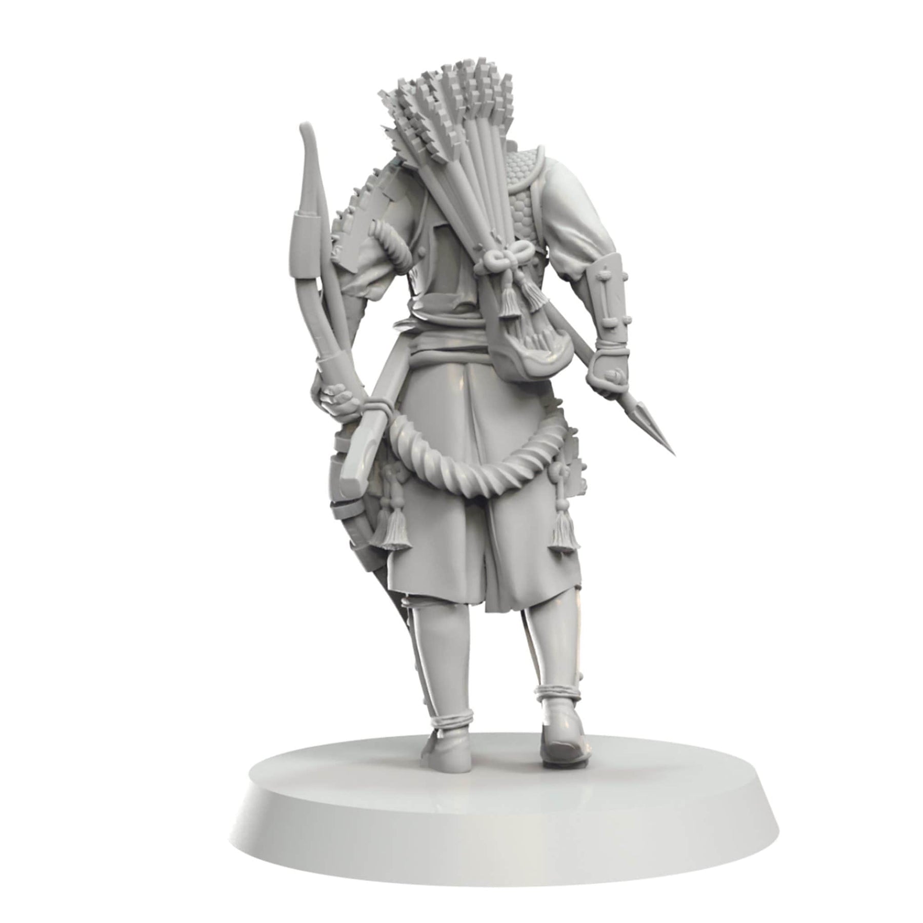 Grey miniature warrior, seen from behind, holding a spear and carrying a bow with a full quiver of arrows on its back