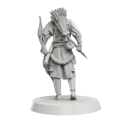 Grey 3D miniature of an archer-warrior, back view, equipped with a bow, full quiver, and spear.