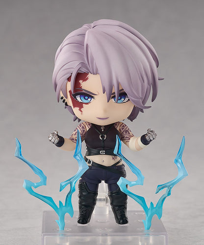 Path to Nowhere Nendoroid Zoya figure with purple hair face tattoo black top blue electricity effects