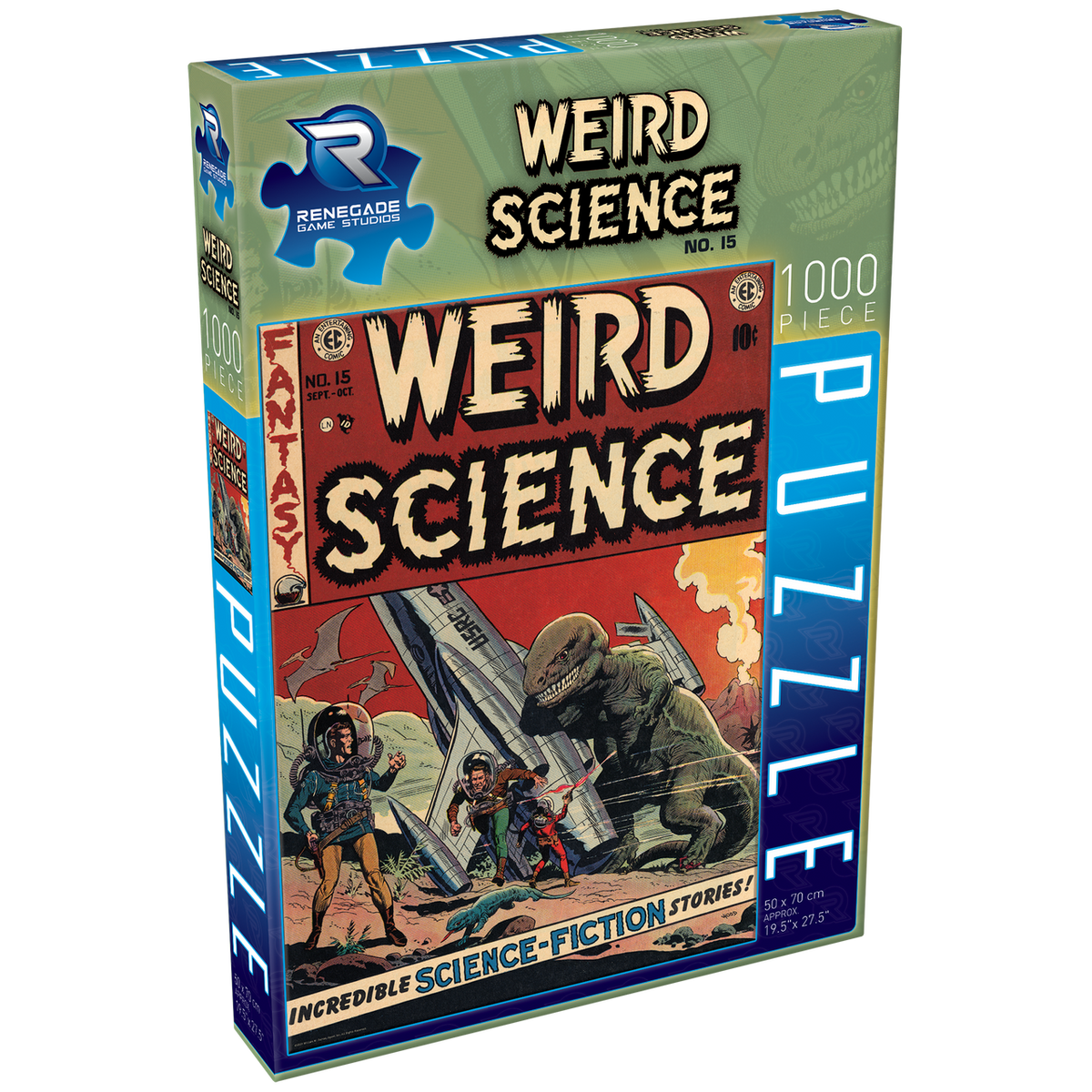 Renegade Game Studios EC Comics Weird Science No 15 1000 piece Jigsaw puzzle box featuring the vintage &quot;Weird Science&quot; comic cover with astronauts, a dinosaur, and a spaceship
