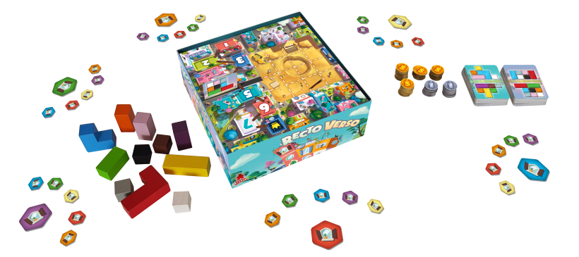 Exploded view of Recto Verso game components laid out clearly