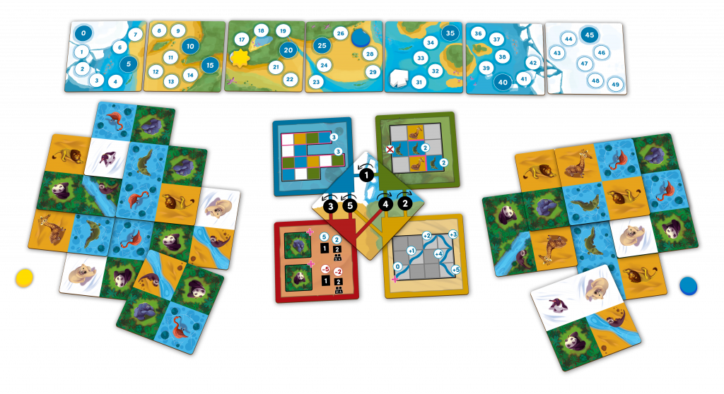 A vibrant board game setup with numerous animal habitat tiles, numbered map pieces, and central scoring/action boards