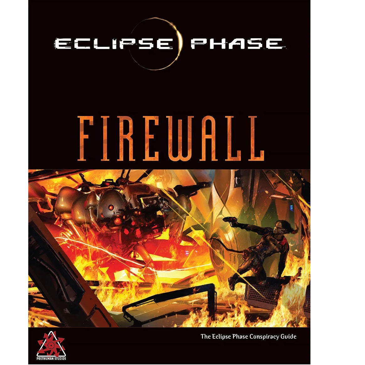 Eclipse Phase: Firewall book cover, a futuristic operative with a pistol leaps through a fiery, chaotic sci-fi battle