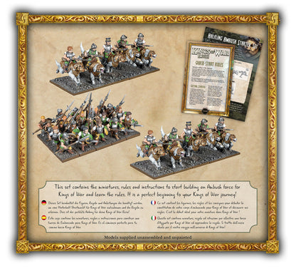 Kings of War Halfling Ambush starter set showing painted miniature halfling soldiers, mounted riders and game rules
