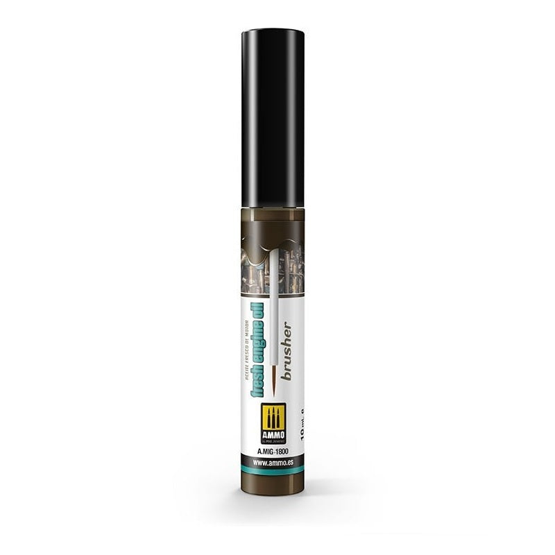 A dark brown bottle of AMMO Fresh Engine Oil Brusher for model weathering