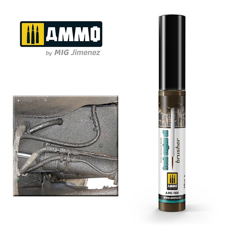 AMMO Fresh Engine Oil weathering brusher beside a detailed model vehicle part showing realistic oil stains and grime