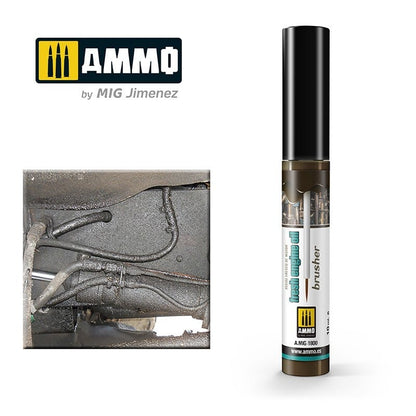 AMMO Fresh Engine Oil weathering brusher beside a detailed model vehicle part showing realistic oil stains and grime