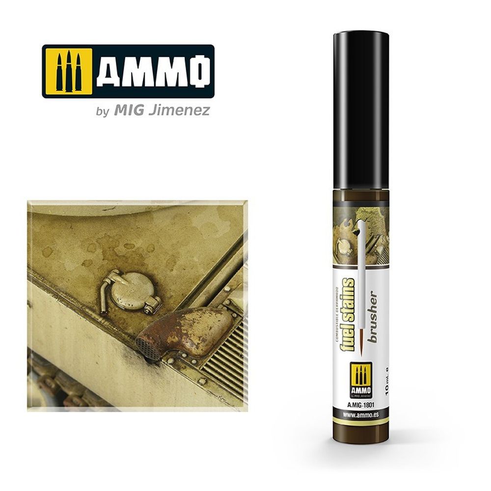 An AMMO Fuel Stains brusher bottle next to a close-up of a model vehicle showing realistic fuel stains and rust