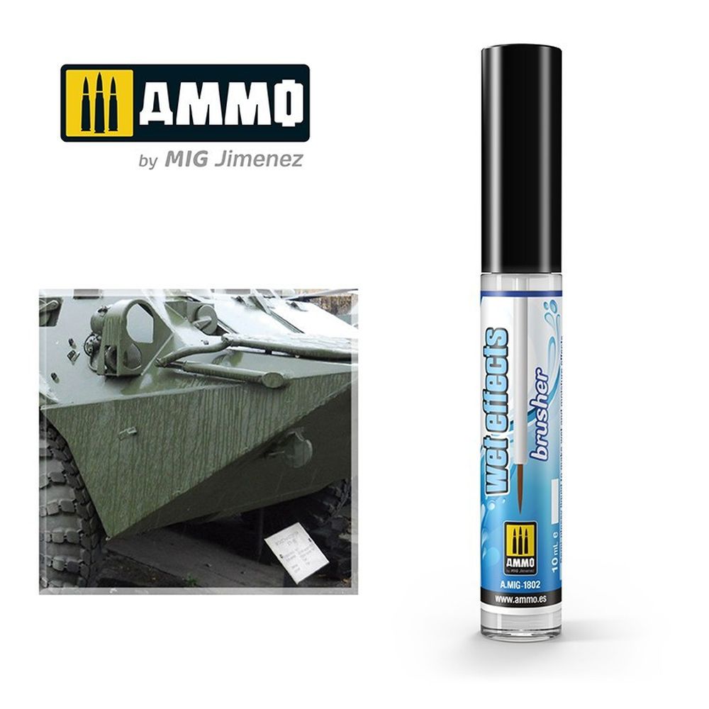 AMMO Wet Effects Brusher bottle shown next to a military vehicle model with streaking effects
