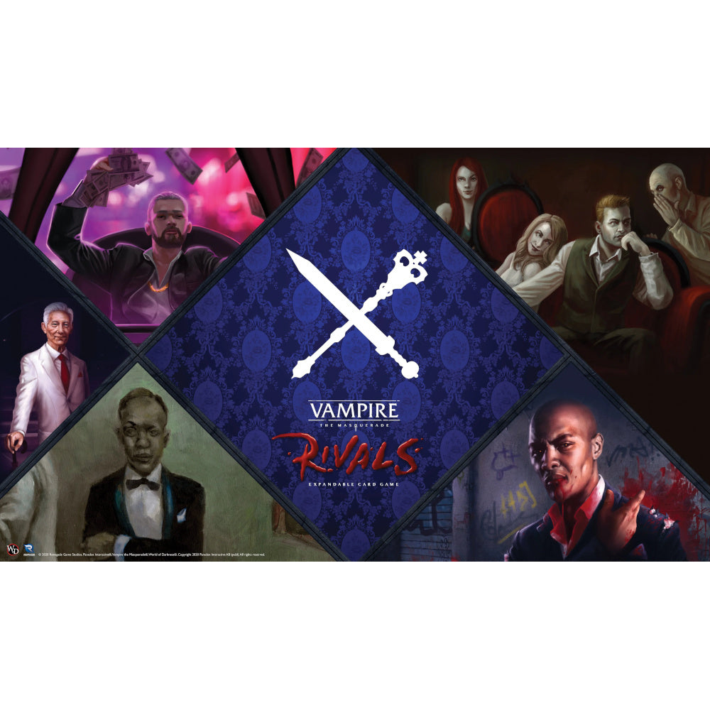 Vampire: The Masquerade - Rivals Ventrue Clan Playmat: central sword and scepter logo, surrounded by diverse vampire characters