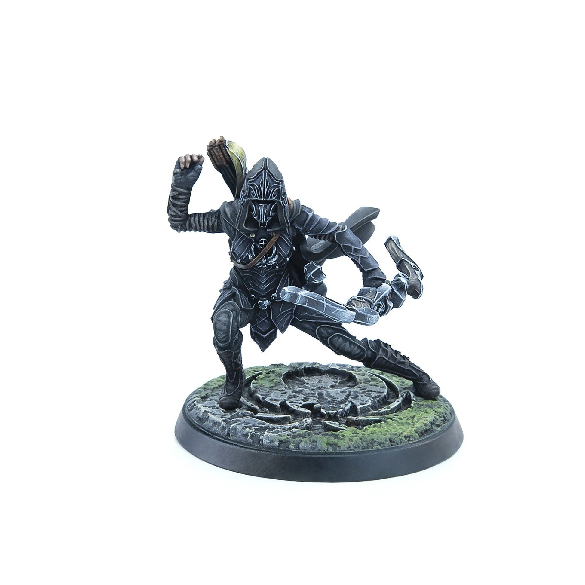 A dark armored, hooded miniature archer crouches with a stylized bow, ready to shoot, on a mossy base