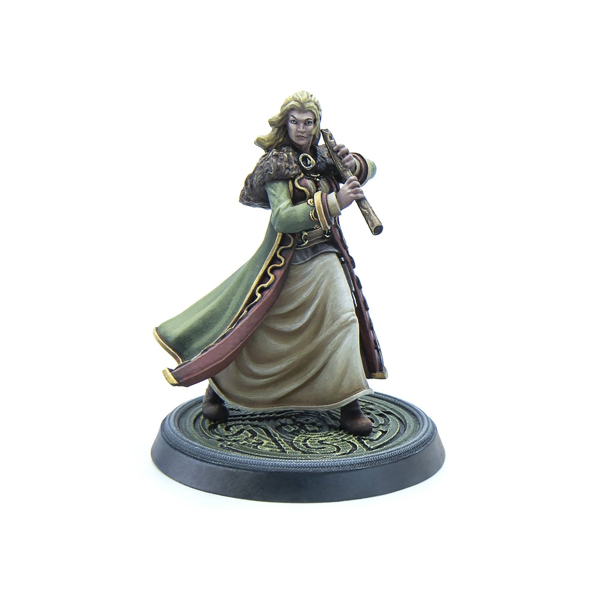 Female miniature with blonde hair, green fur-collared coat, playing a flute on a decorative base