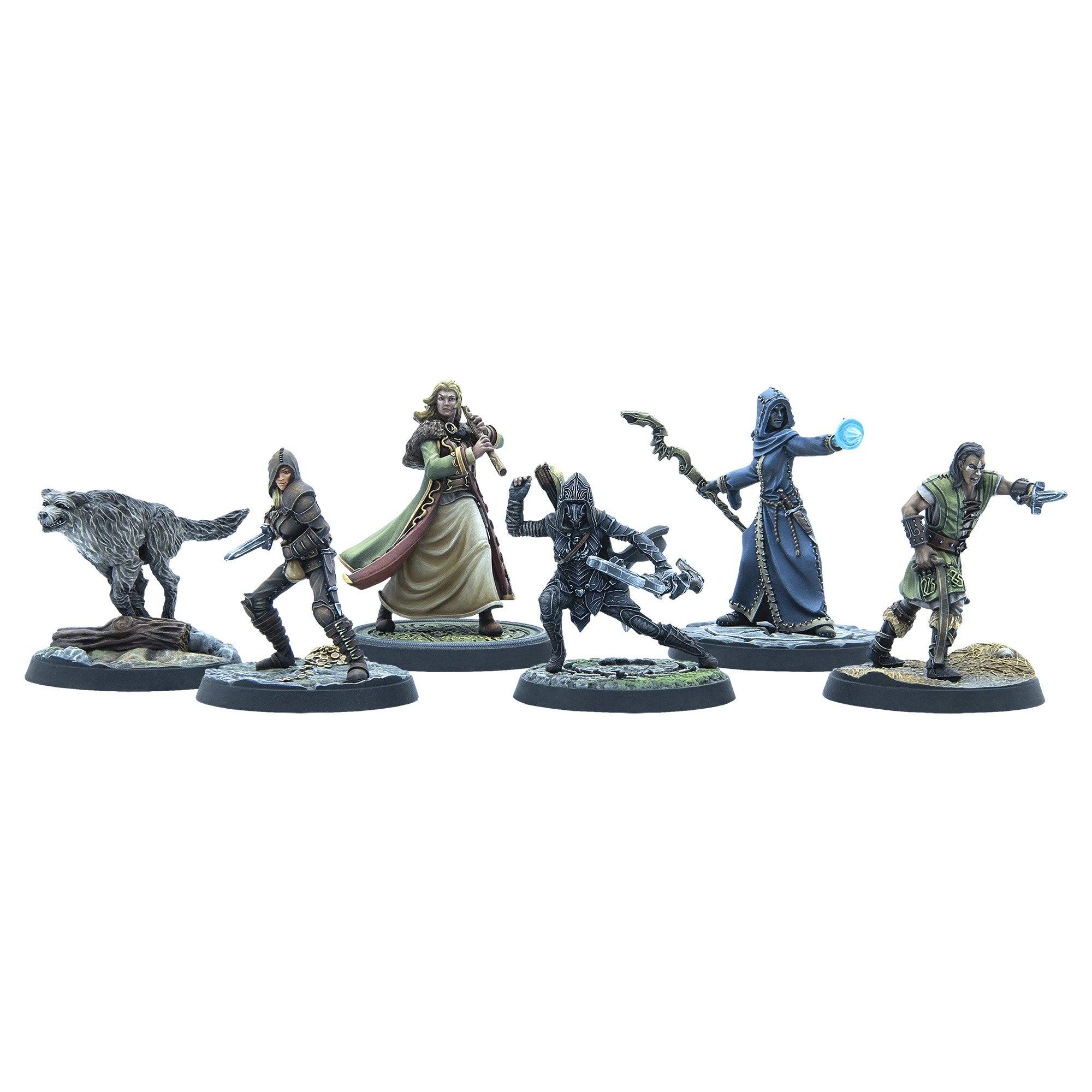 Six painted fantasy miniature figures (wolf, ranger, bard, assassin, mage, warrior) on bases, ready for battle