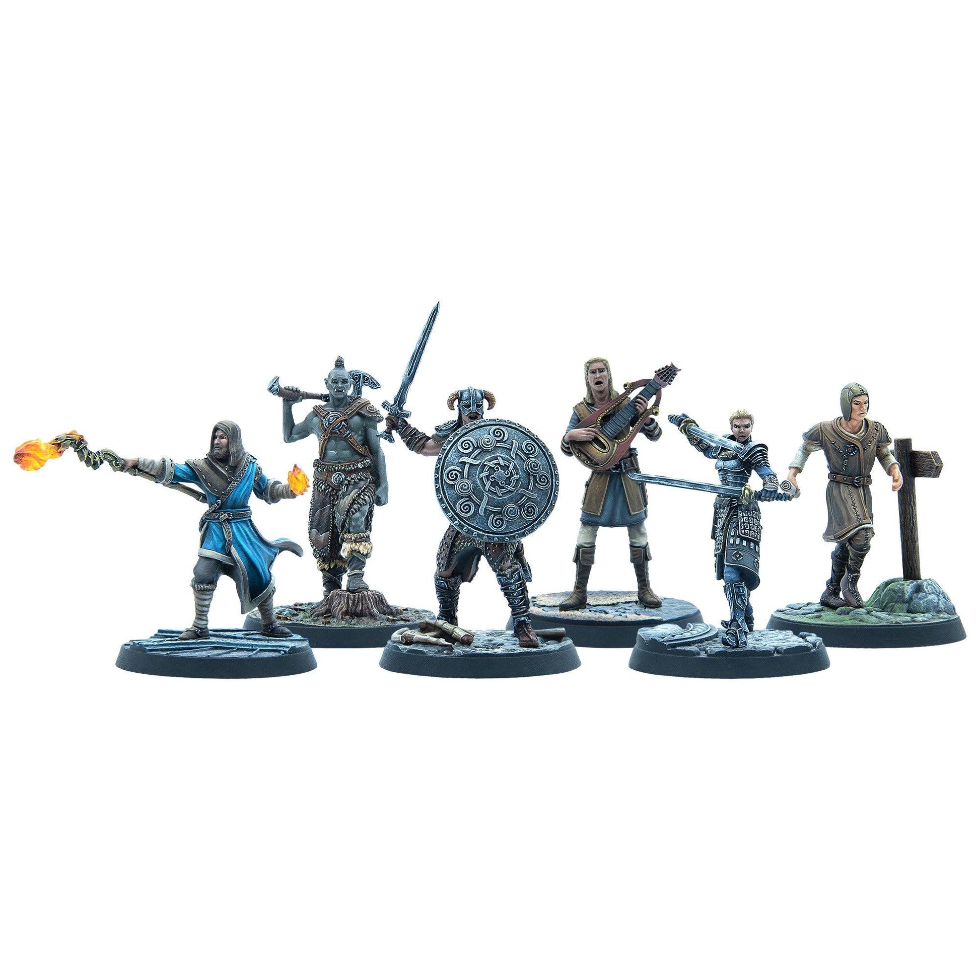 Six detailed Elder Scrolls: Skyrim miniatures: Dragonborn, a mage, orc, bard, knight, and traveler