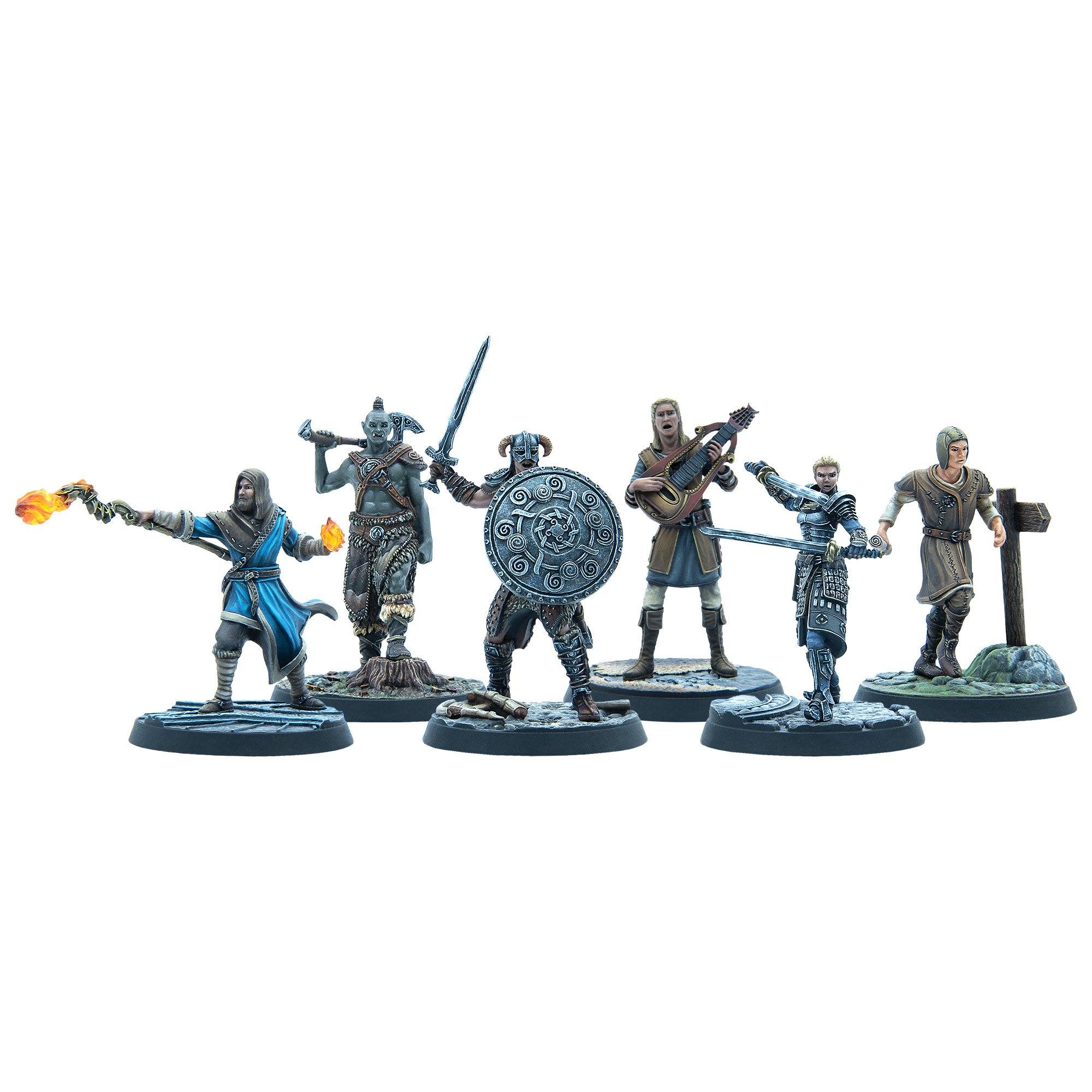 Six detailed Elder Scrolls: Skyrim miniatures: Dragonborn, a mage, orc, bard, knight, and traveler