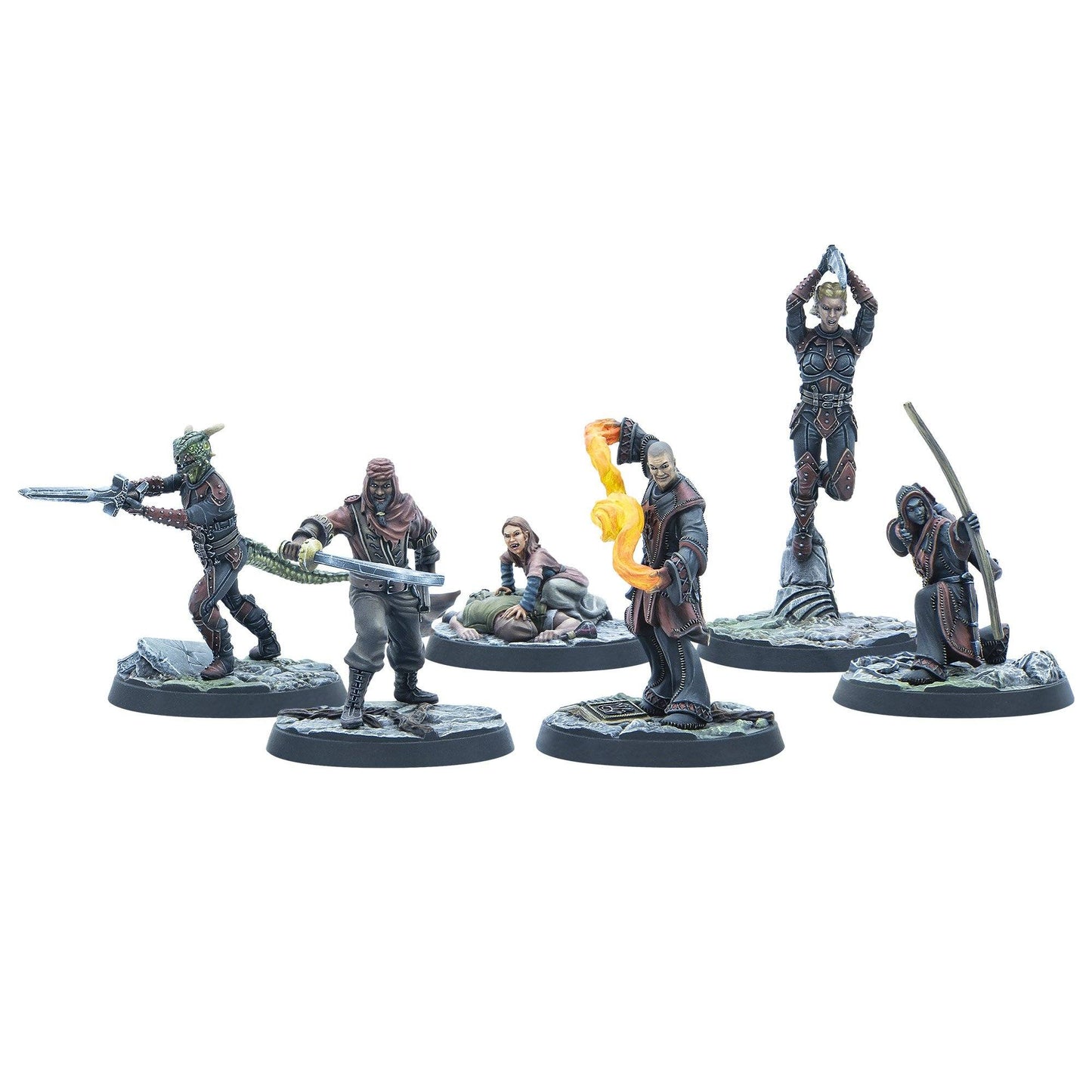 Six painted fantasy miniatures: a reptilian warrior, swordsman, magic-user, female fighter, injured person, and a cloaked archer